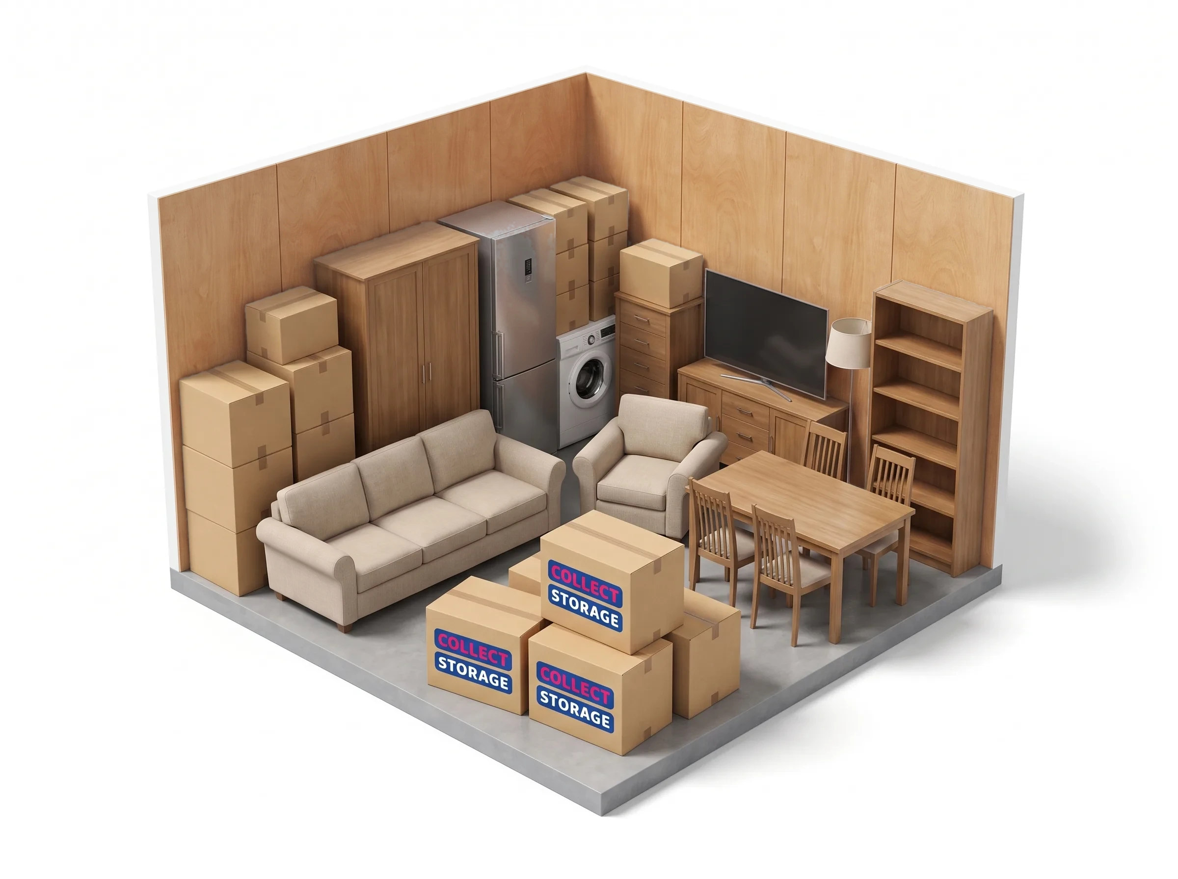 Storage roughly the size of a one to two-bed flat, packed with Collect Storage boxes